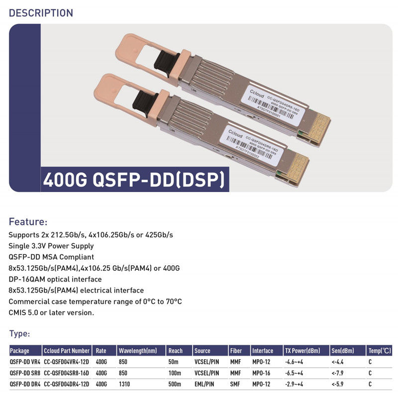 Interface de gestion du centre de données CMIS 4.0 Transcepteur optique 400G avec liaison SMF de 500 m