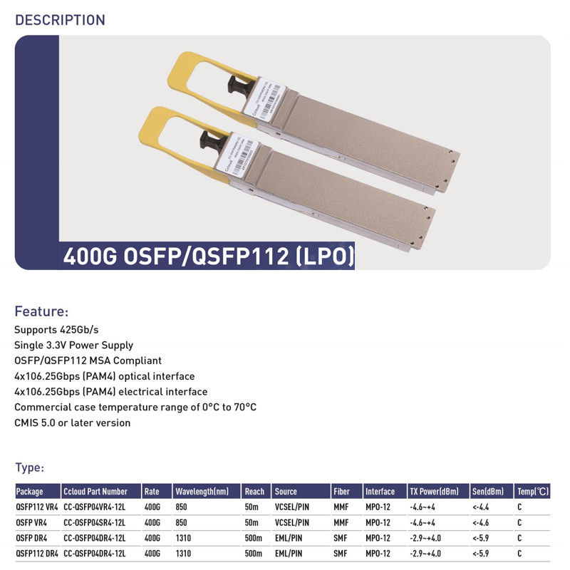 400G QSFP112 SR4 émetteur-récepteur à fibre optique multimode à prise chaude 100m Interconnexion pour centres de données et interconnexions optiques