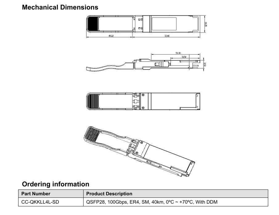 Une seule source d'alimentation 3.3V 100GBase QSFP28 ER4 40KM équipement en fibre optique Duplex LC module émetteur-récepteur optique pour vos besoins