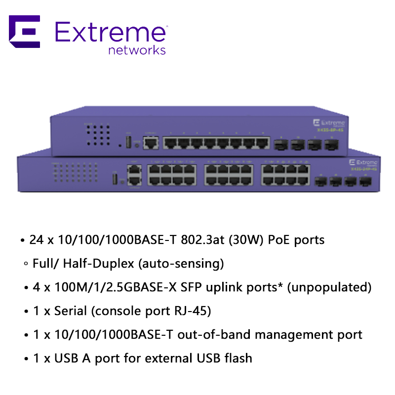Commutateur AVB Extreme Networks X435 24P X435 4S 68 Gbit/s 50,6 Mpps neuf et original